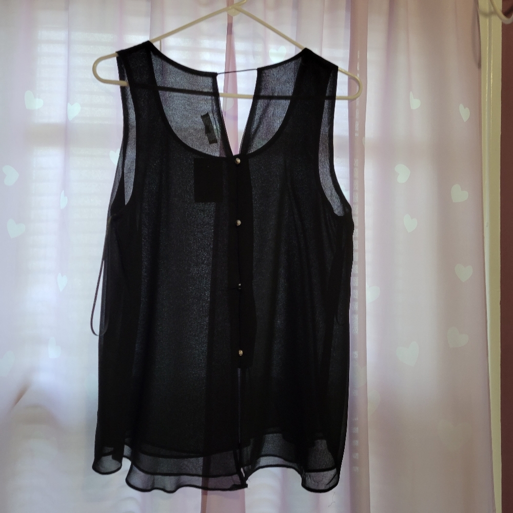 NWT mine Sheer Black Top w/Gold Button Detail
